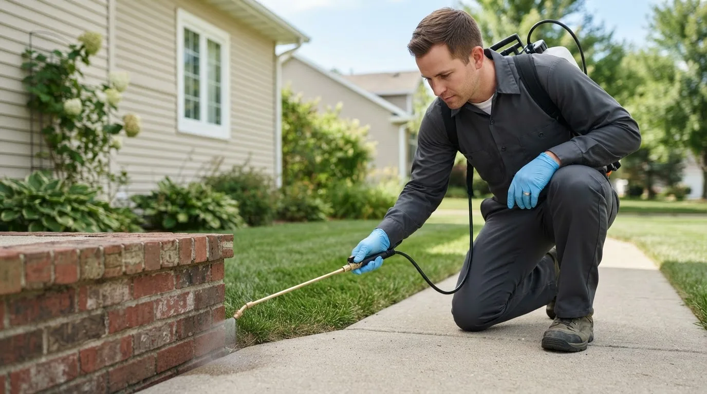 Pest control technician treating a home near High Ridge, MO